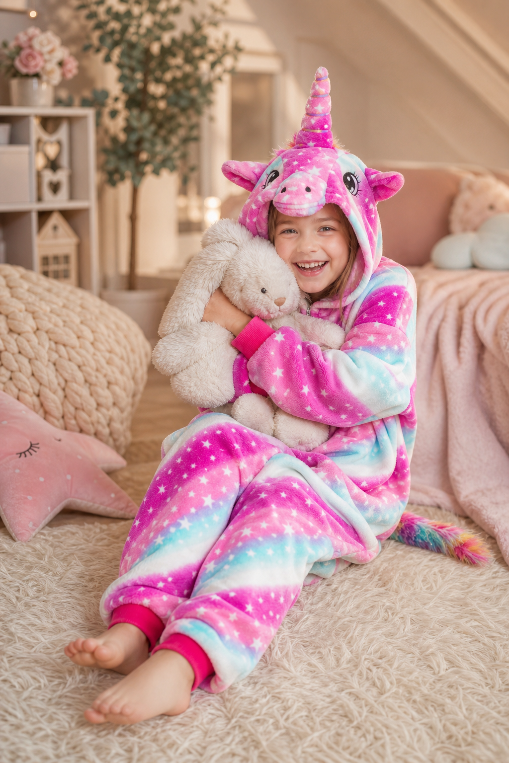 Kids' Hooded Pink Purple and Blue Star Unicorn Kigurumi Onesie - Image 6