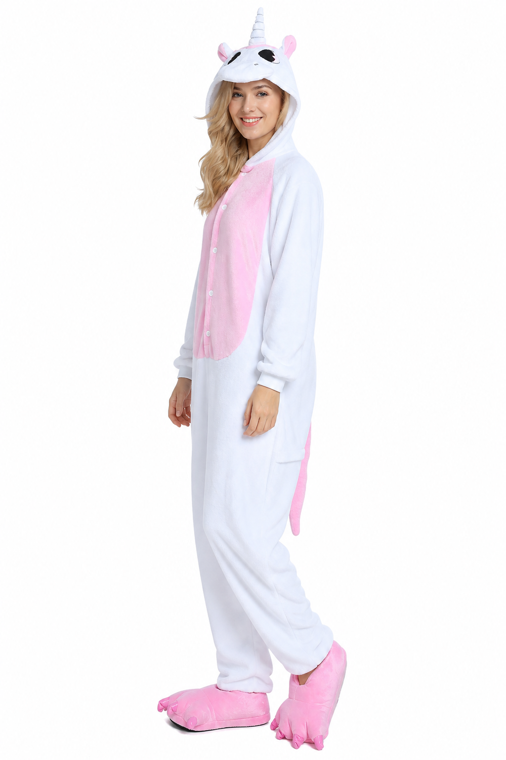 Adult Hooded White & Pastel Pink Unicorn Kigurumi Onesie - Image 2