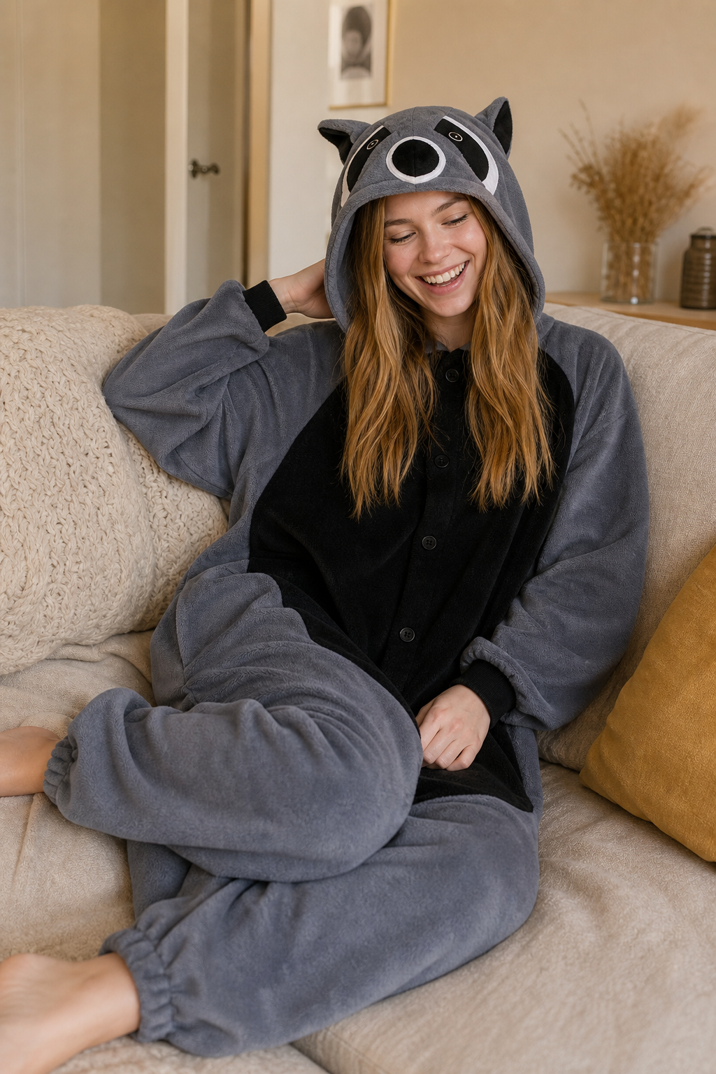 Adult Dark Grey Raccoon Fleece Hooded Onesie - Image 6