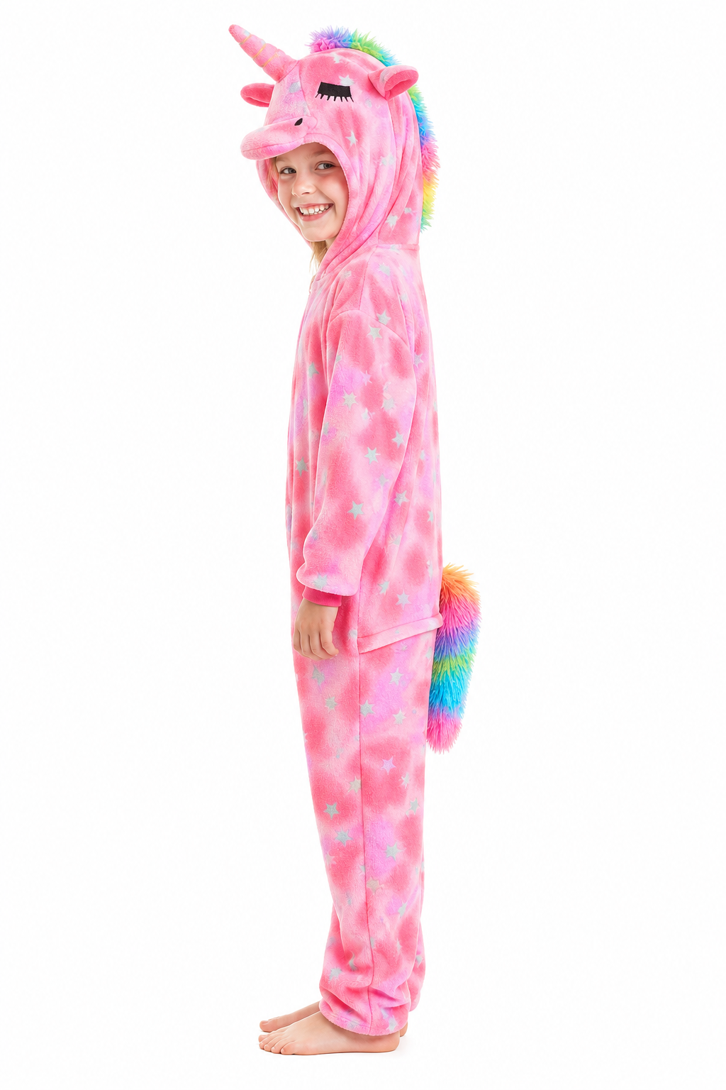 Kids' Hooded Pink Tie-Dye Rainbow-Tail Unicorn Plush Kigurumi Onesie - Image 3