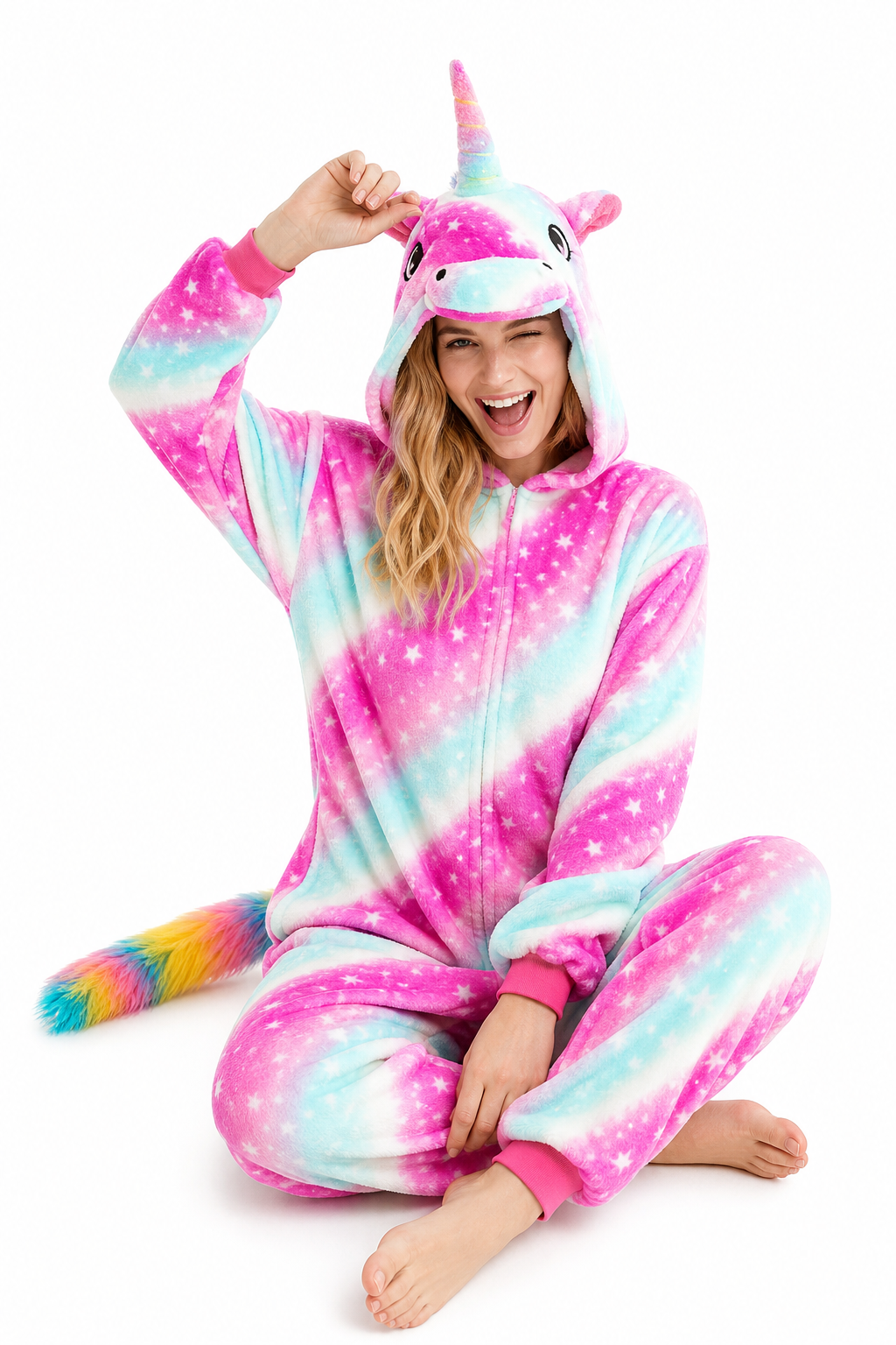 Adult Hooded Pink & Blue Star Unicorn Kigurumi Onesie with Rainbow Tail - Image 5