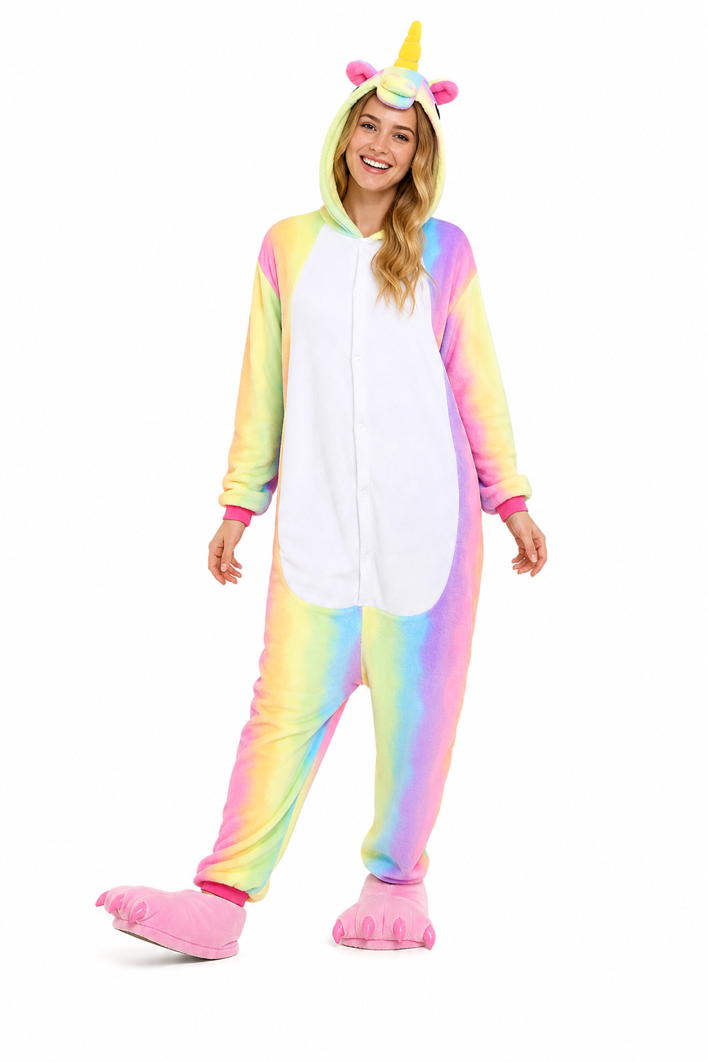 Adult Hooded Pastel Rainbow Ombre Unicorn Kigurumi Onesie with White Belly - Image 4