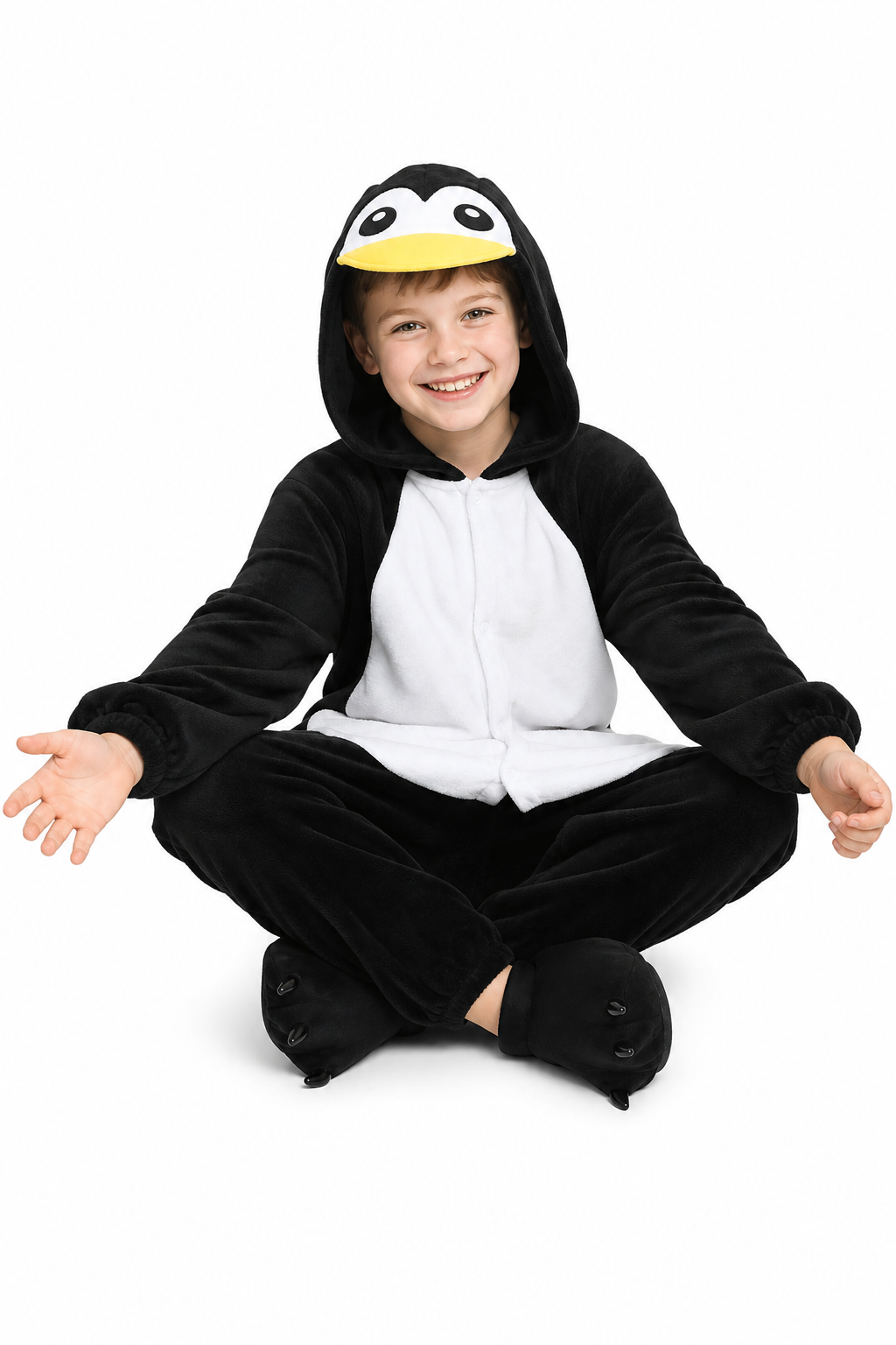 Kids' Hooded Black and White Penguin Plush Kigurumi Onesie - Image 5