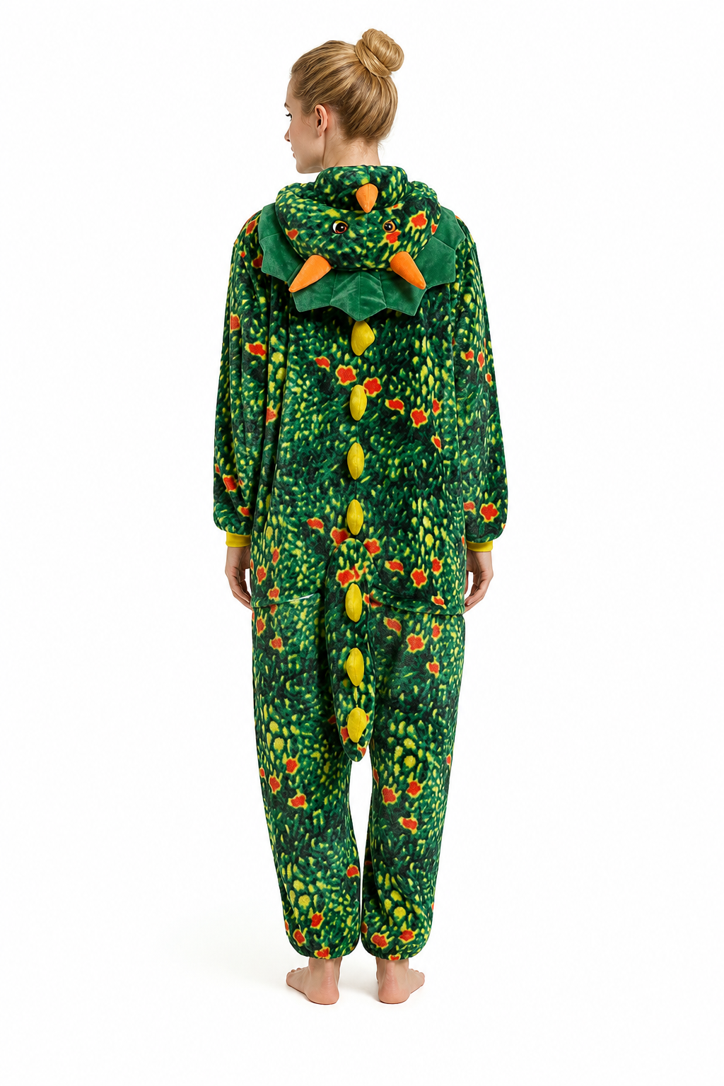 Adult Hooded Orange-Speckled Green Dinosaur Kigurumi Onesie - Image 4