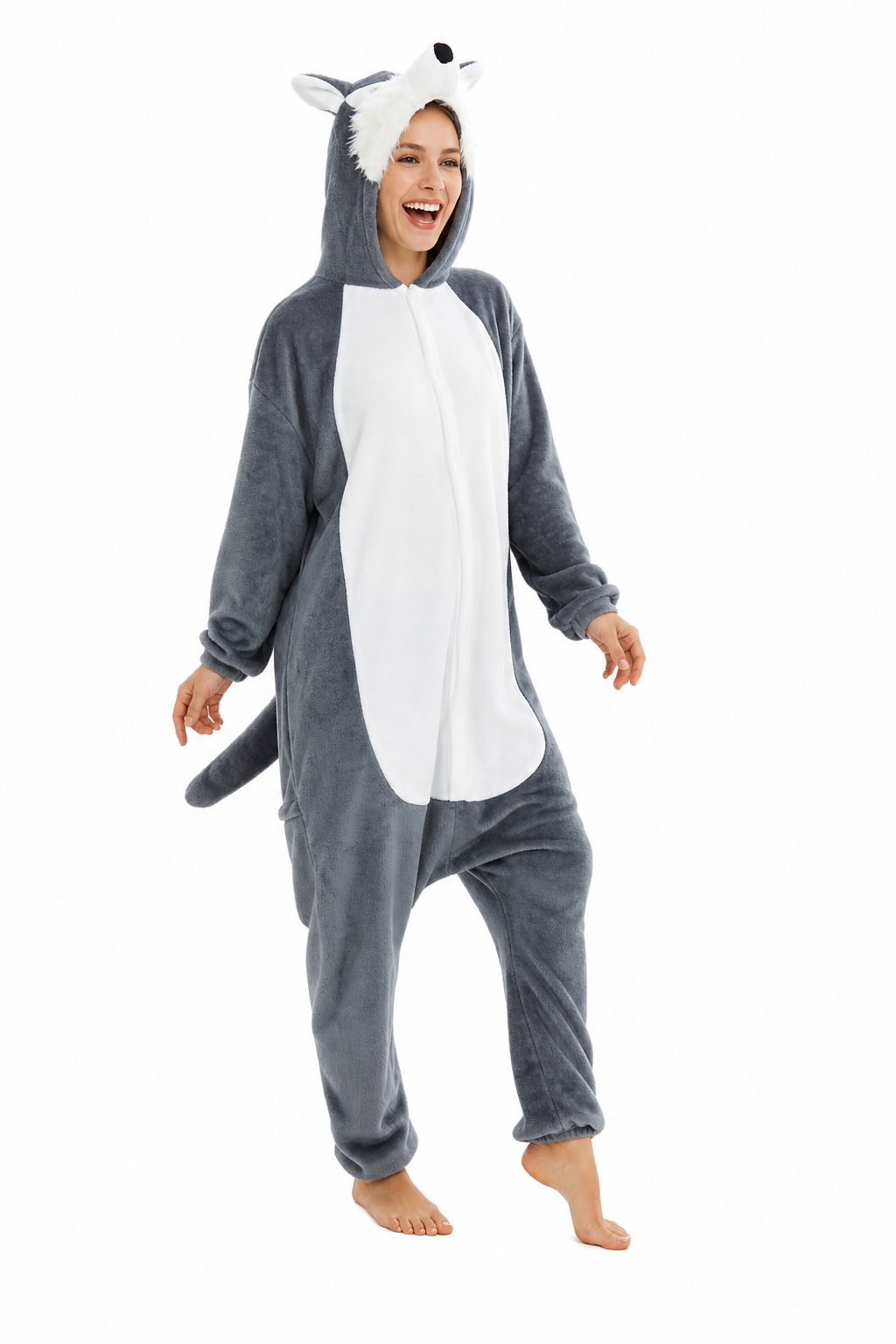Adult Soft Grey Wolf Plush Kigurumi Onesie - Image 3