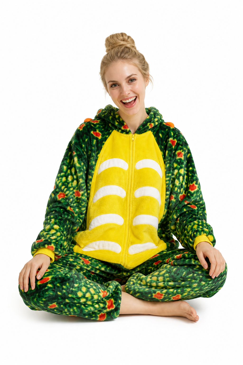 Adult Hooded Orange-Speckled Green Dinosaur Kigurumi Onesie - Image 5