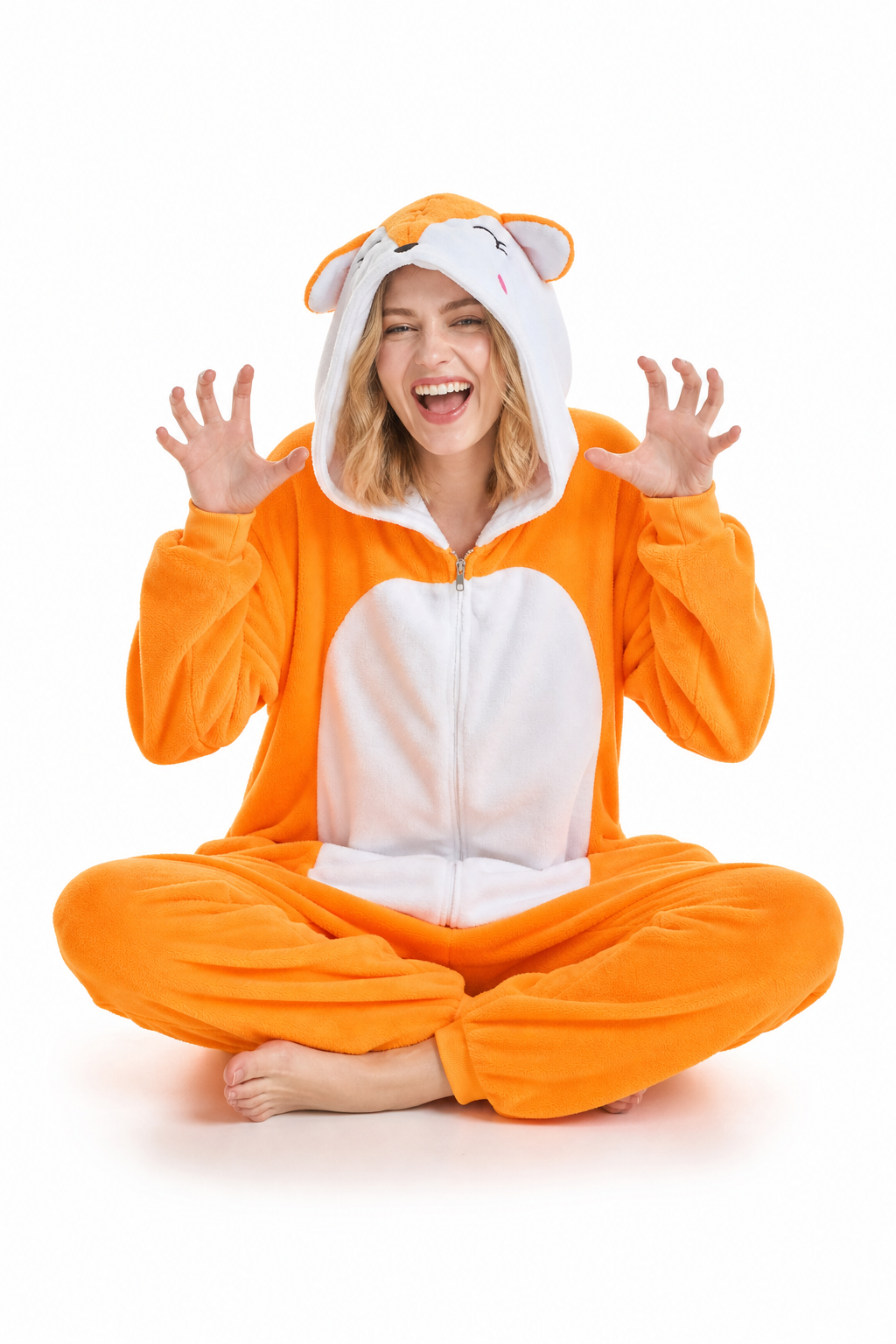Adult Hooded Blushing Orange Fox Kigurumi Onesie - Image 5