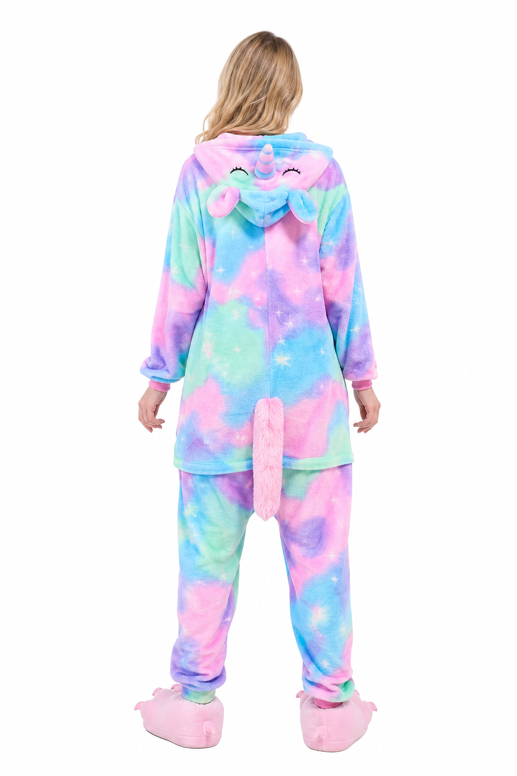 Adult Hooded Pastel Rainbow Unicorn Kigurumi Onesie with Glitter Star Belly - Image 4