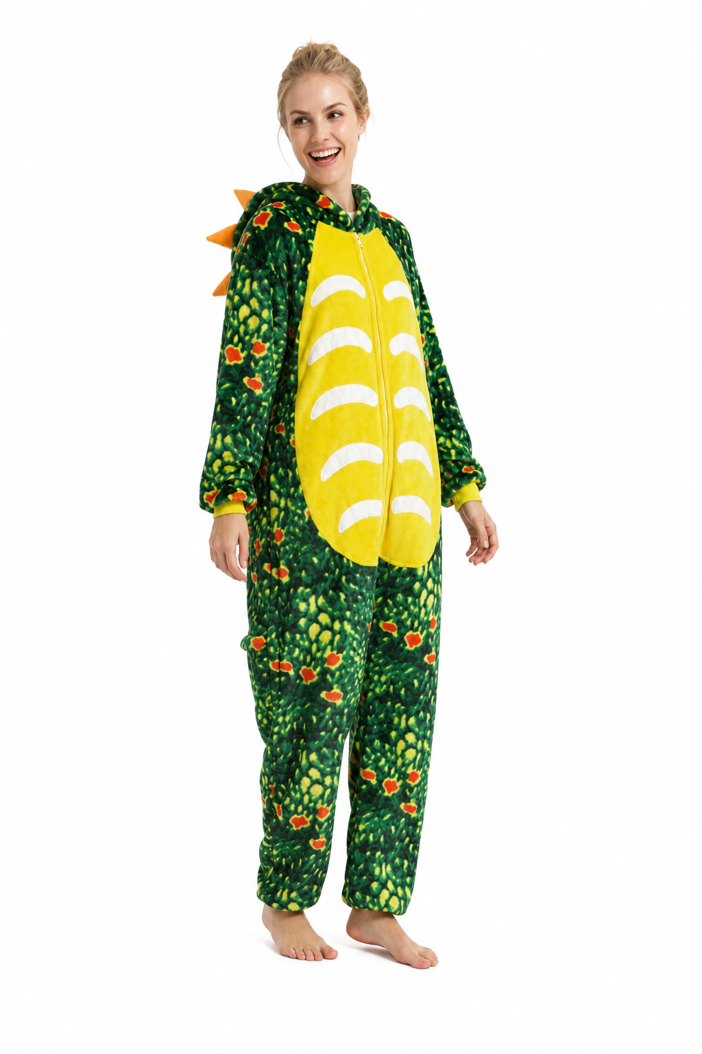 Adult Hooded Orange-Speckled Green Dinosaur Kigurumi Onesie - Image 3
