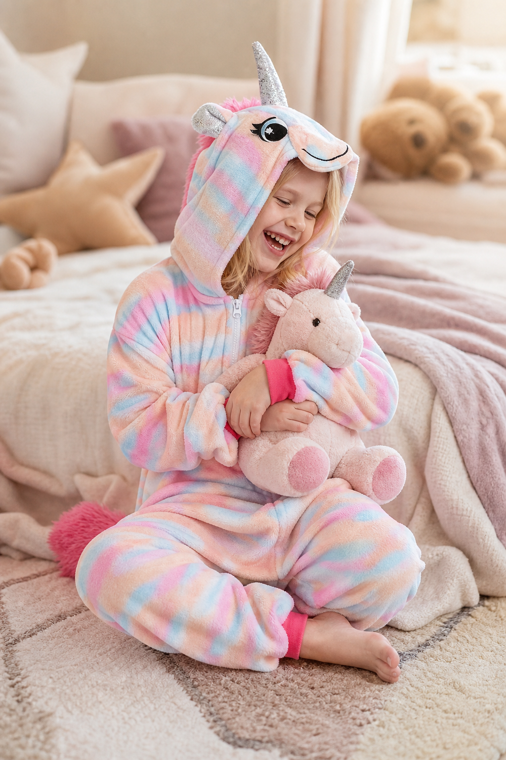 Kids' Hooded Pastel Pink and Blue Tie-Dye Unicorn Plush Kigurumi Onesie - Image 6