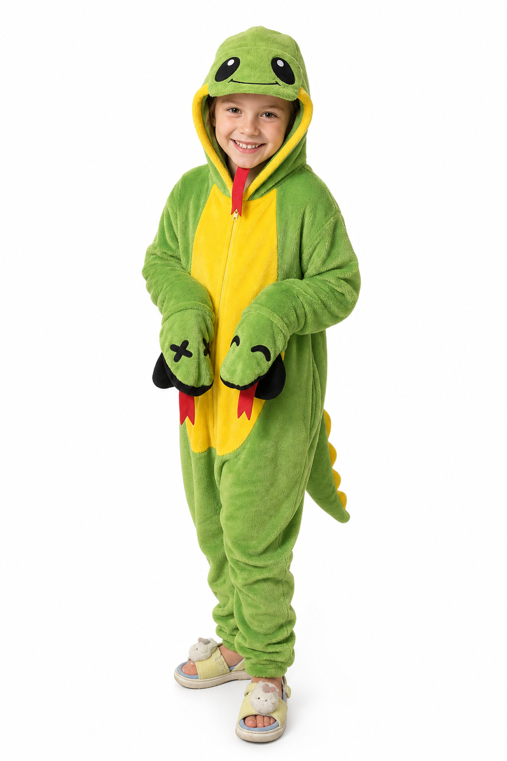 Kids' Hooded Green and Yellow Snake Kigurumi Onesie - Image 3