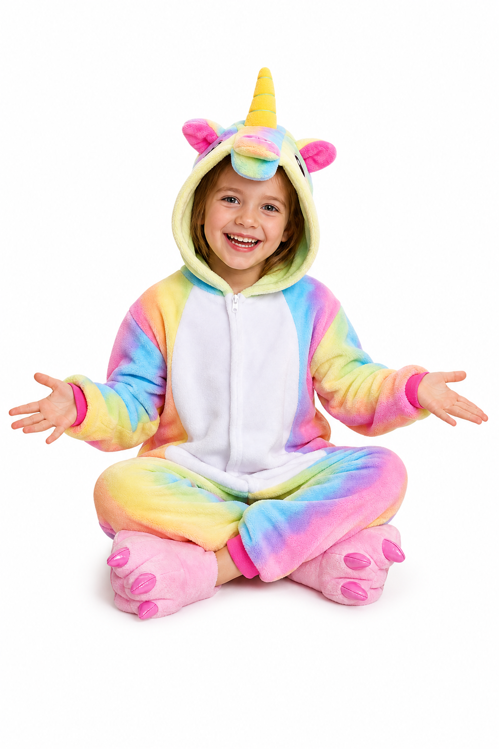 Kids' Hooded Pastel Rainbow Unicorn Kigurumi Onesie - Image 5