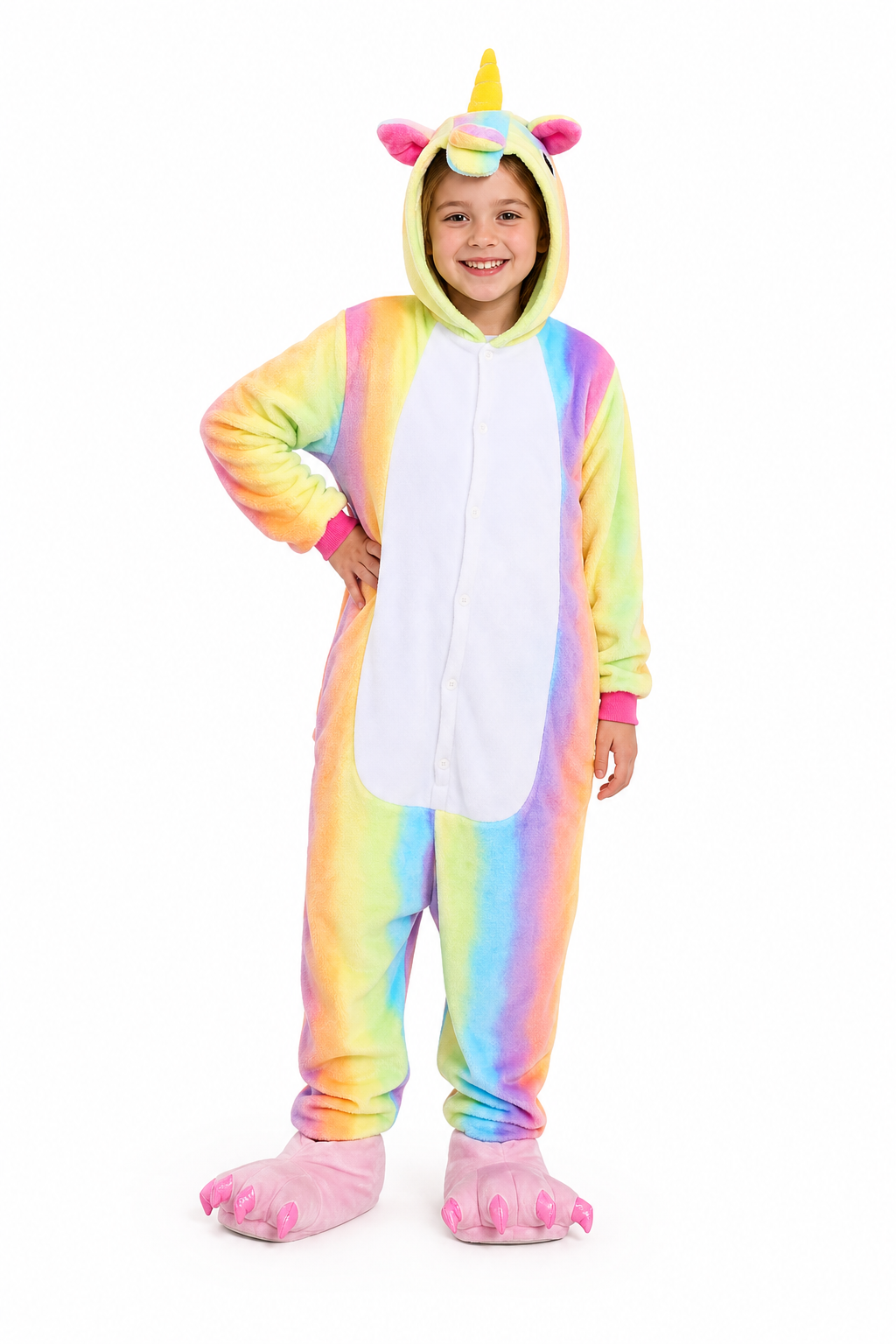 Kids' Hooded Pastel Rainbow Unicorn Kigurumi Onesie - Image 4