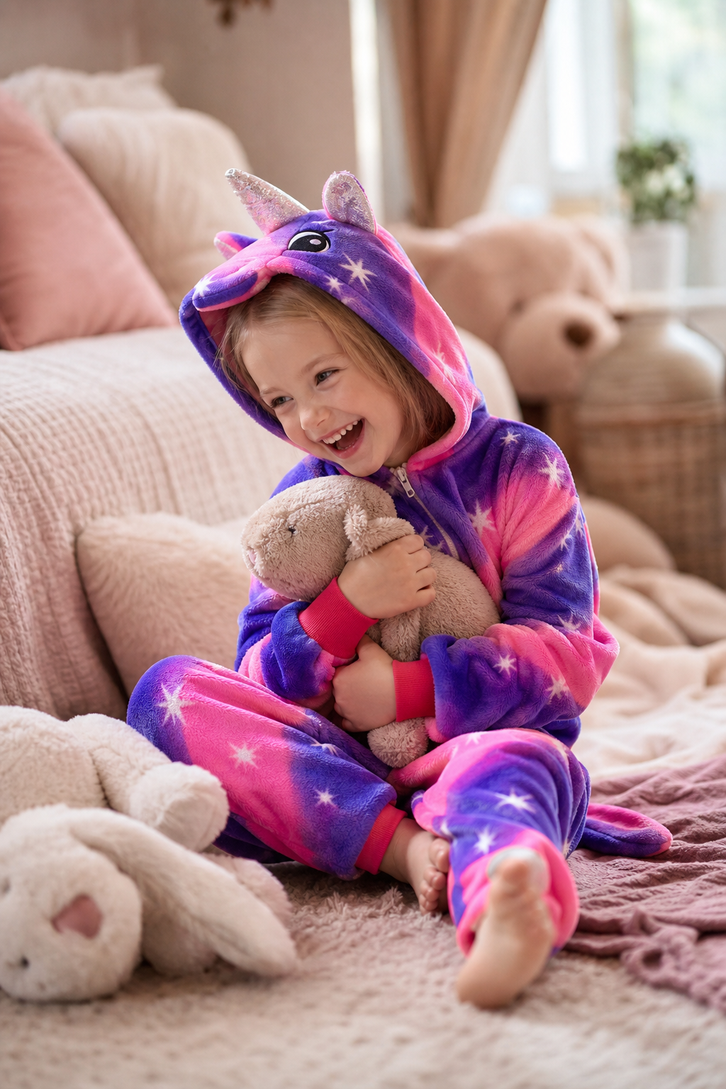 Kids' Hooded Magenta and Purple Starburst Unicorn Kigurumi Onesie - Image 6