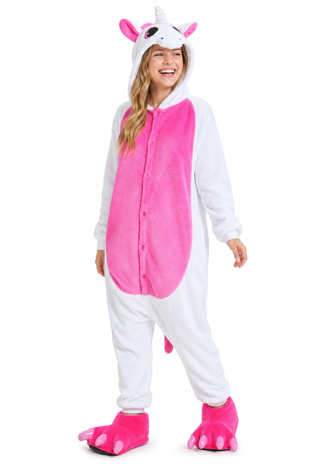 Adult Hooded White & Hot Pink Unicorn Kigurumi Onesie - Image 3