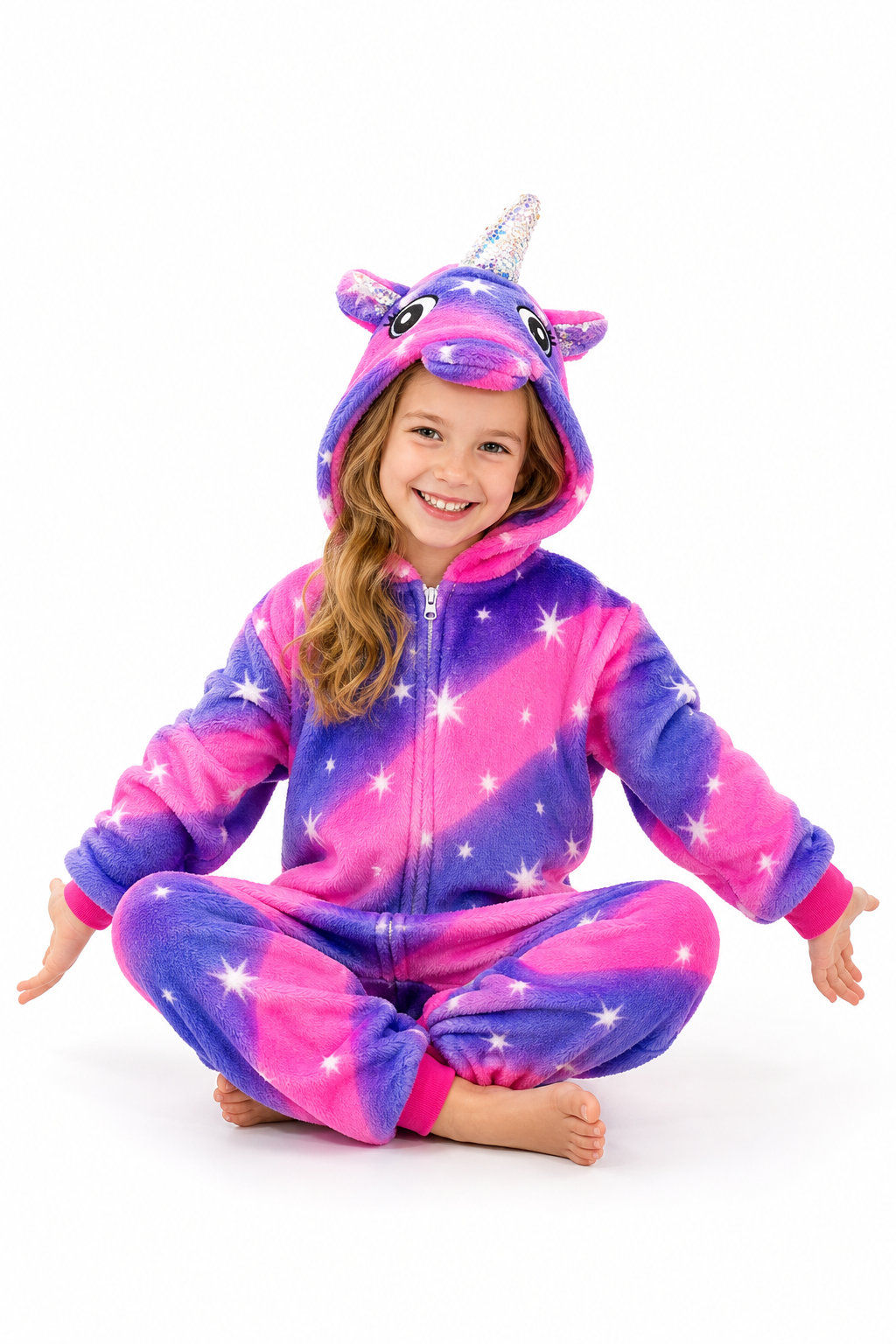 Kids' Hooded Magenta and Purple Starburst Unicorn Kigurumi Onesie - Image 5