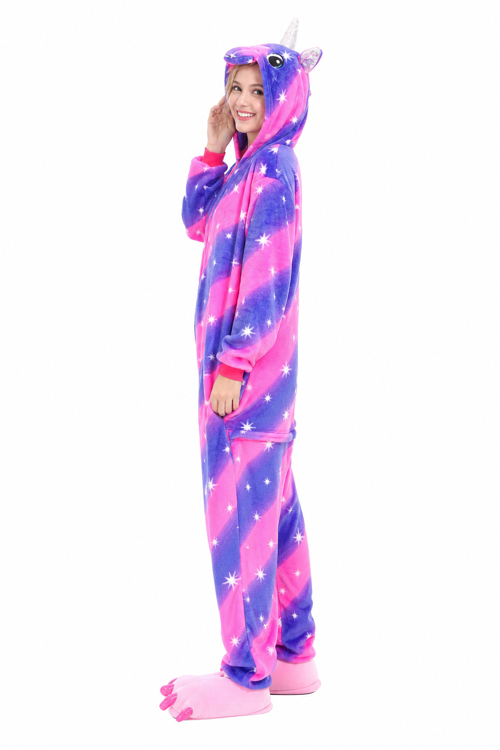 Adult Hooded Neon Pink & Blue Star Stripe Unicorn Kigurumi Onesie - Image 2