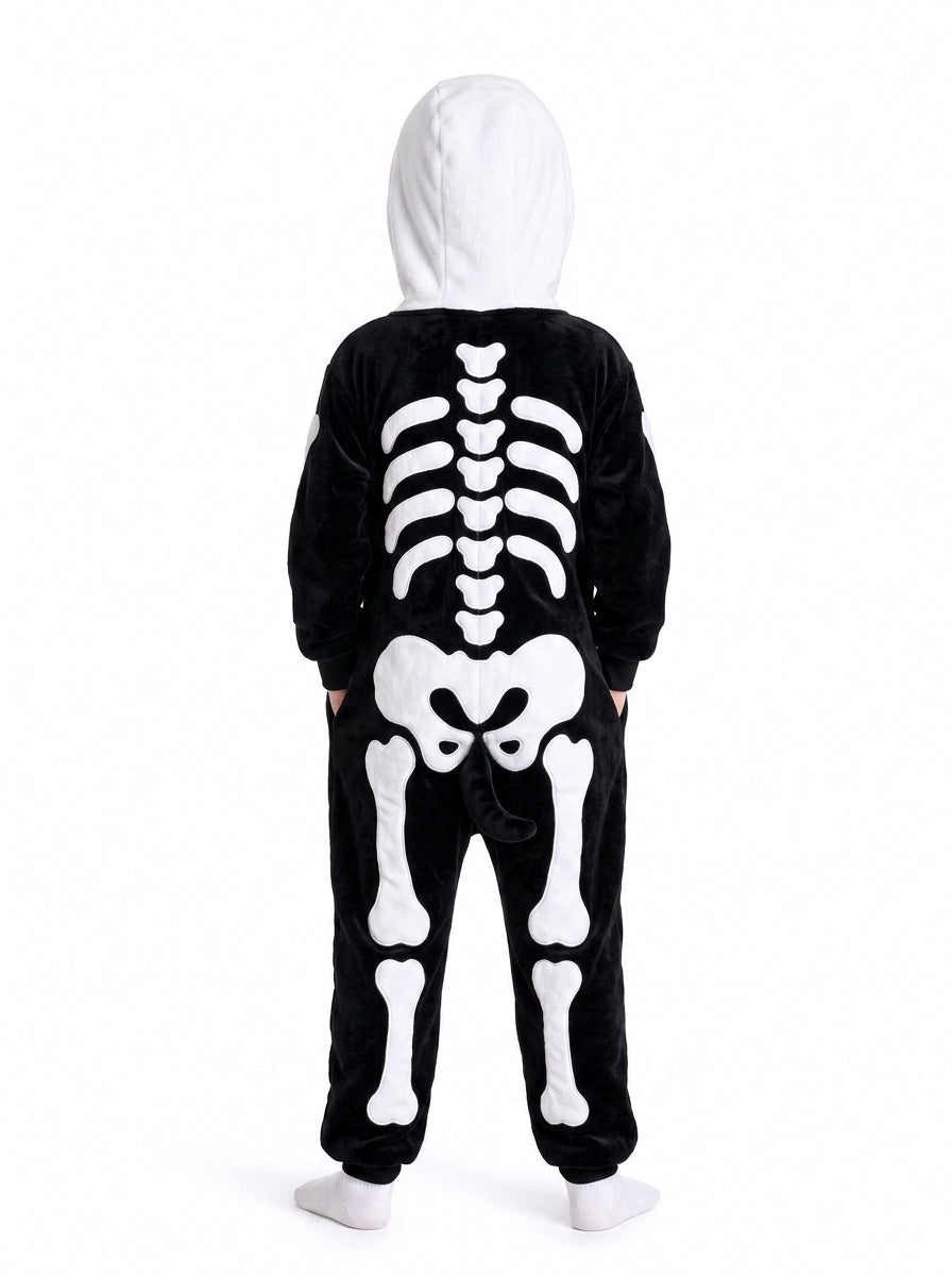 Kids' Hooded Halloween Black Skeleton Kigurumi Onesie - Image 4