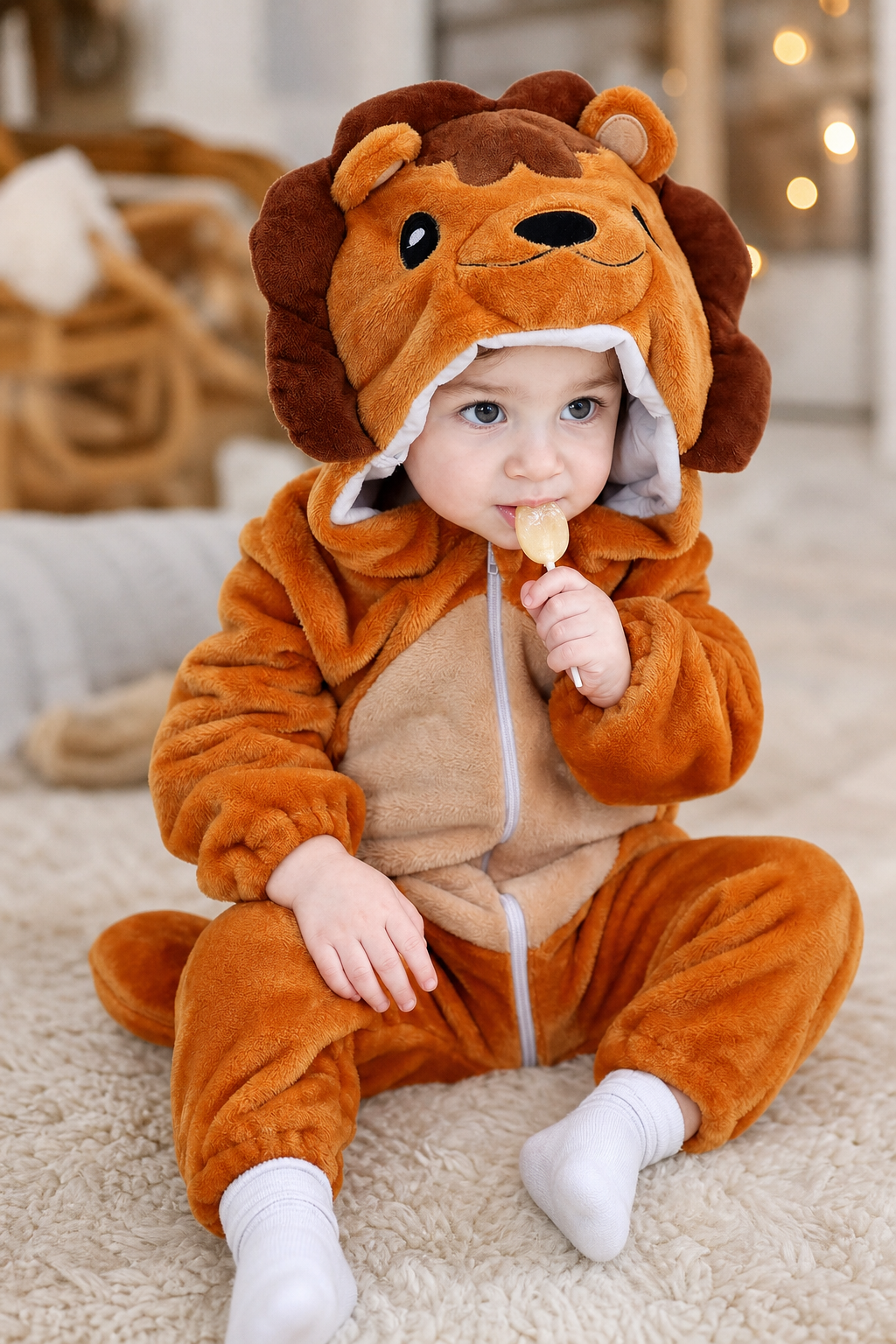 Baby Brown Plush Lion Hooded Onesie - Image 6