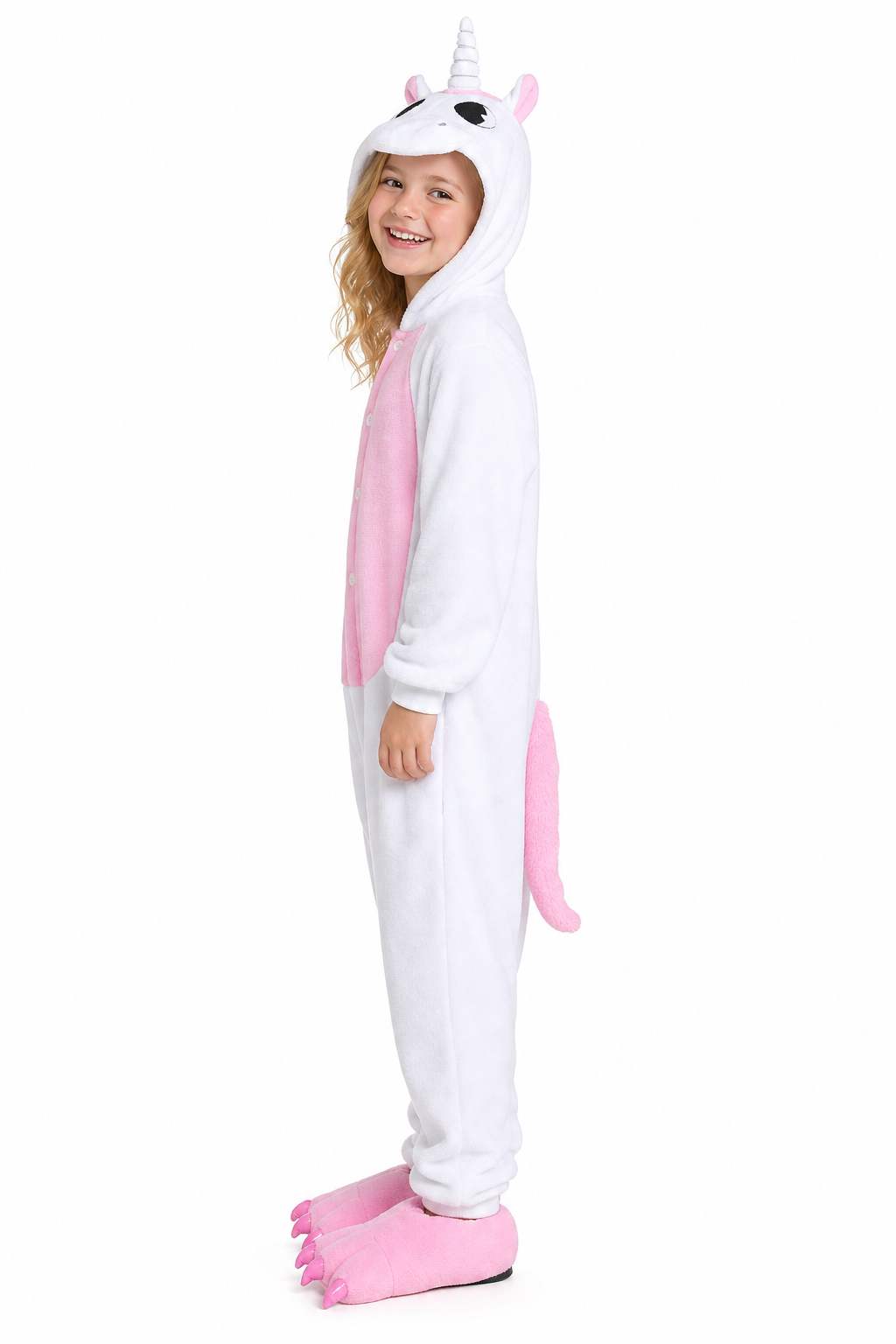 Kids' Hooded White and Pastel Pink Unicorn Kigurumi Onesie - Image 3