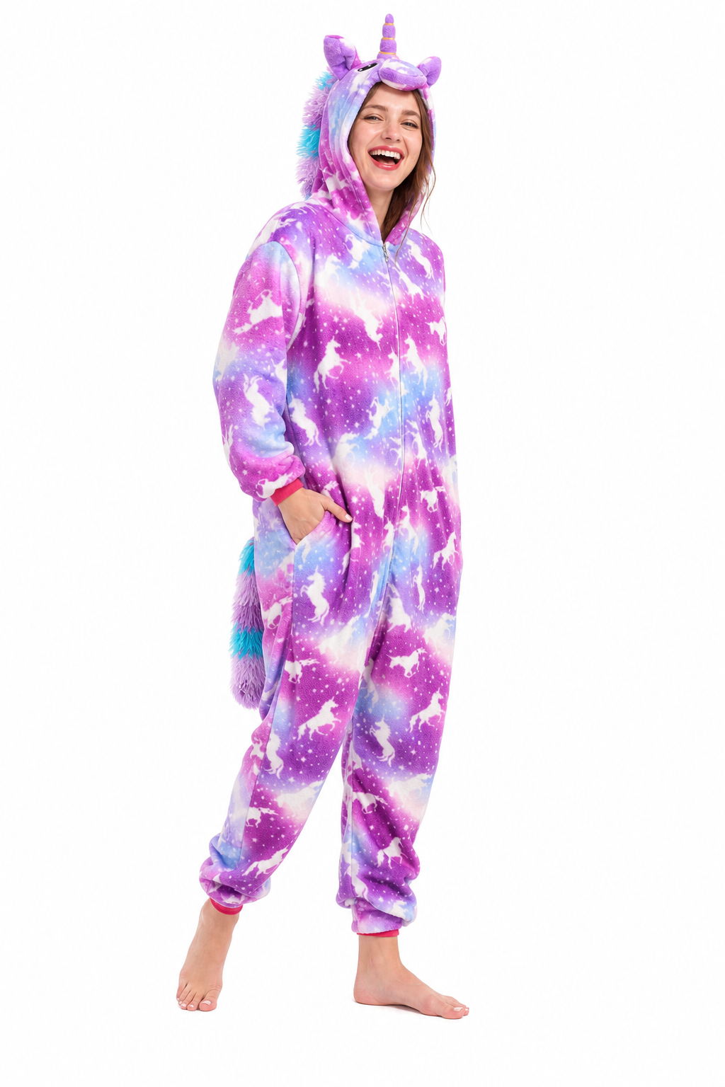 Adult Hooded Pink & Purple Galaxy Unicorn Kigurumi Onesie - Image 3