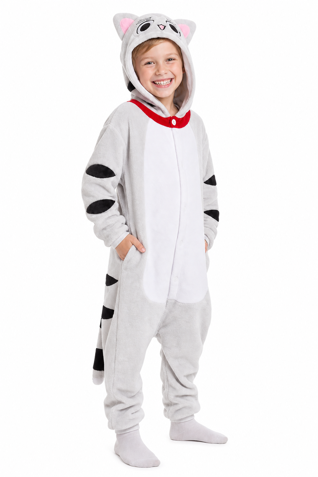 Kids' Hooded White Spotted Cat Kigurumi Costume Onesie - Image 3