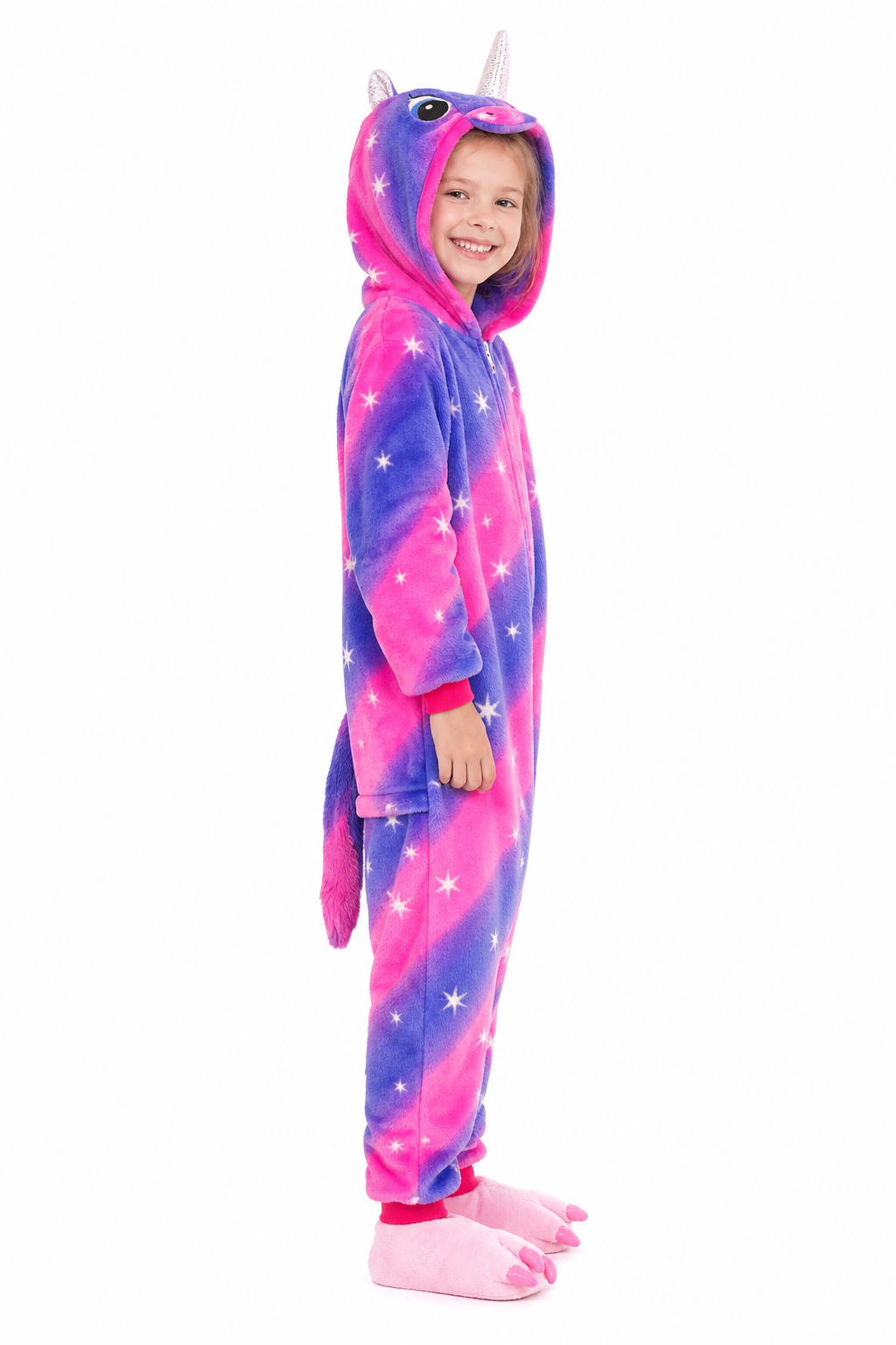 Kids' Hooded Magenta and Purple Starburst Unicorn Kigurumi Onesie - Image 2