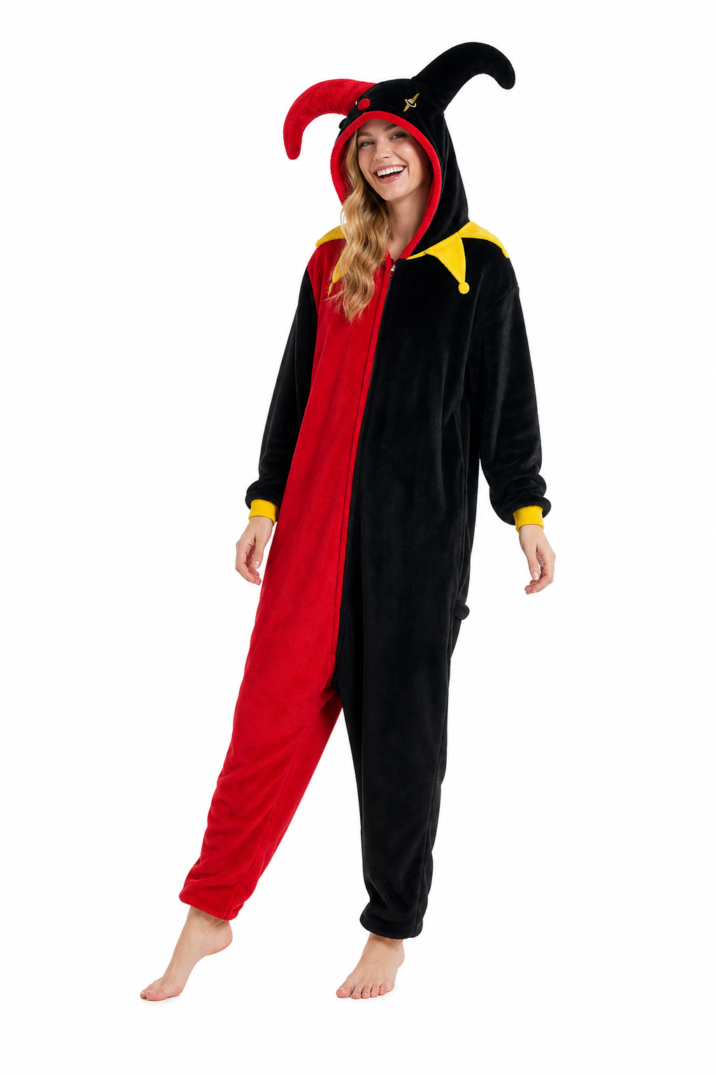 Adult Hooded Red & Black Jester Kigurumi Onesie - Image 3