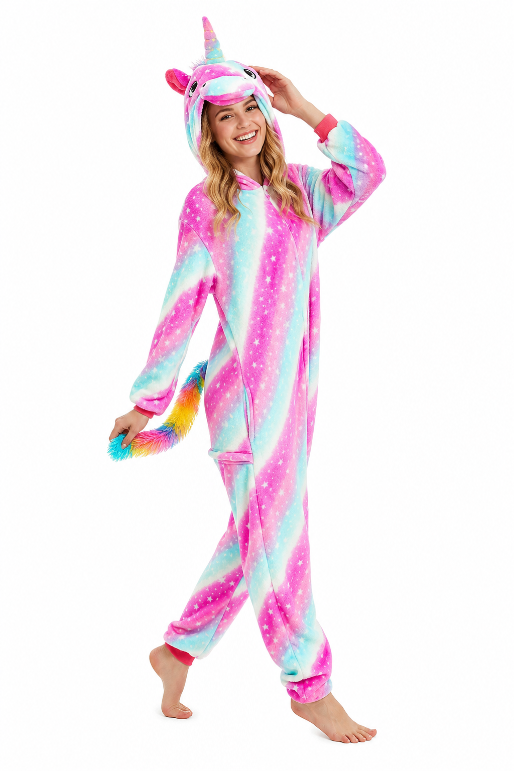 Adult Hooded Pink & Blue Star Unicorn Kigurumi Onesie with Rainbow Tail - Image 3