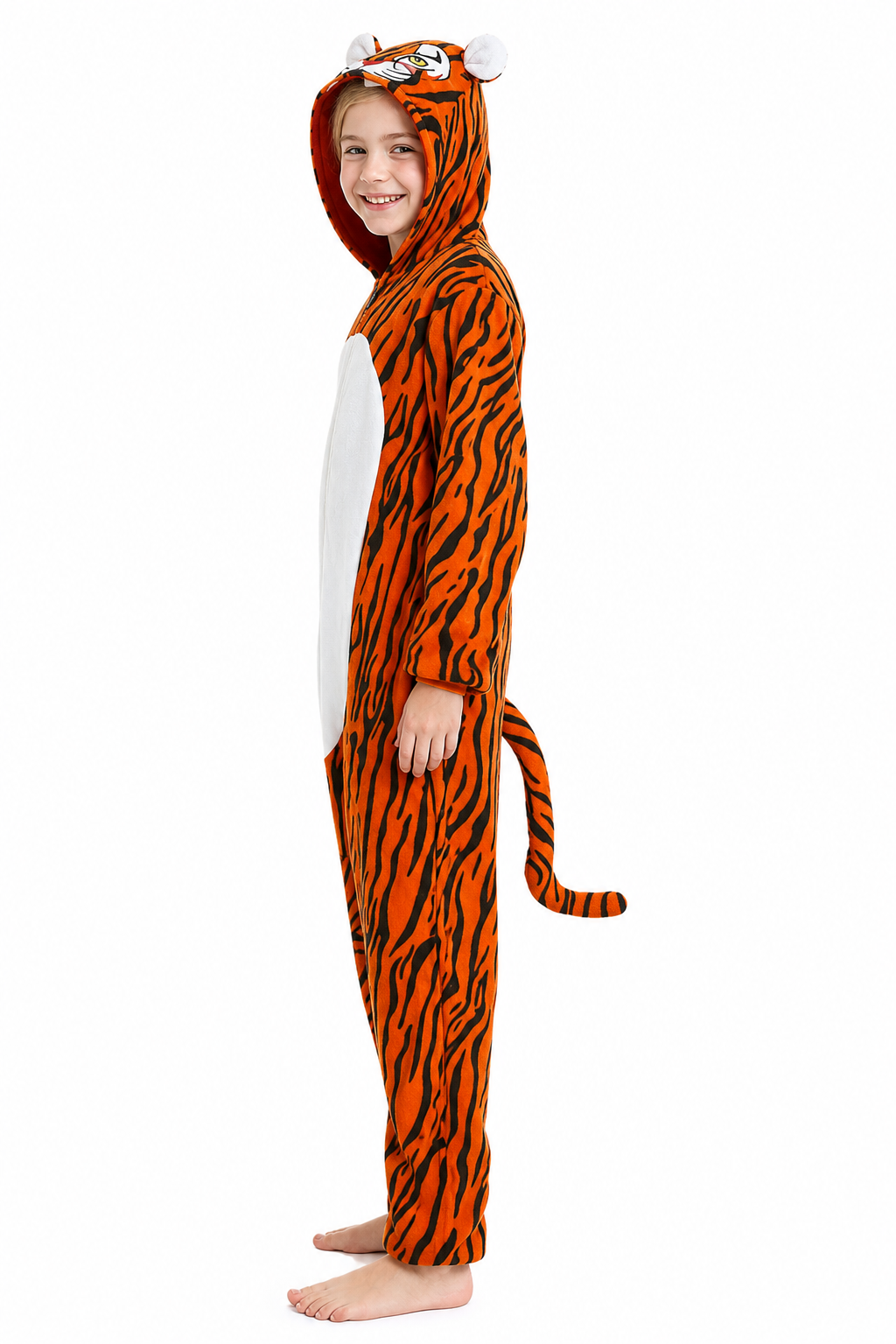 Kids' Hooded Orange and Black Striped Tiger Kigurumi Onesie - Image 3