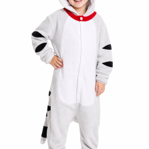 Kids' Hooded White Spotted Cat Kigurumi Costume Onesie