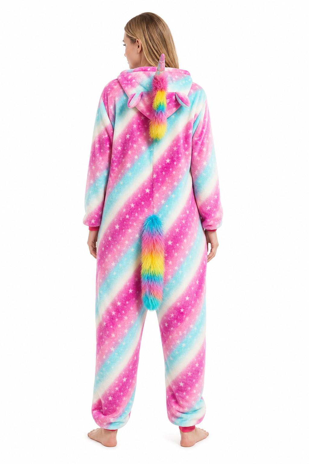 Adult Hooded Pink & Blue Star Unicorn Kigurumi Onesie with Rainbow Tail - Image 4