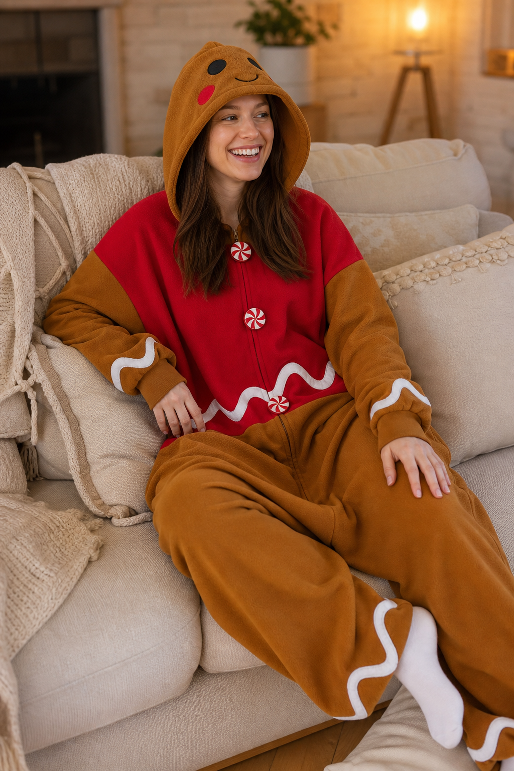 Adult Fleece Gingerbread Man Onesie with Candy Buttons - Image 6