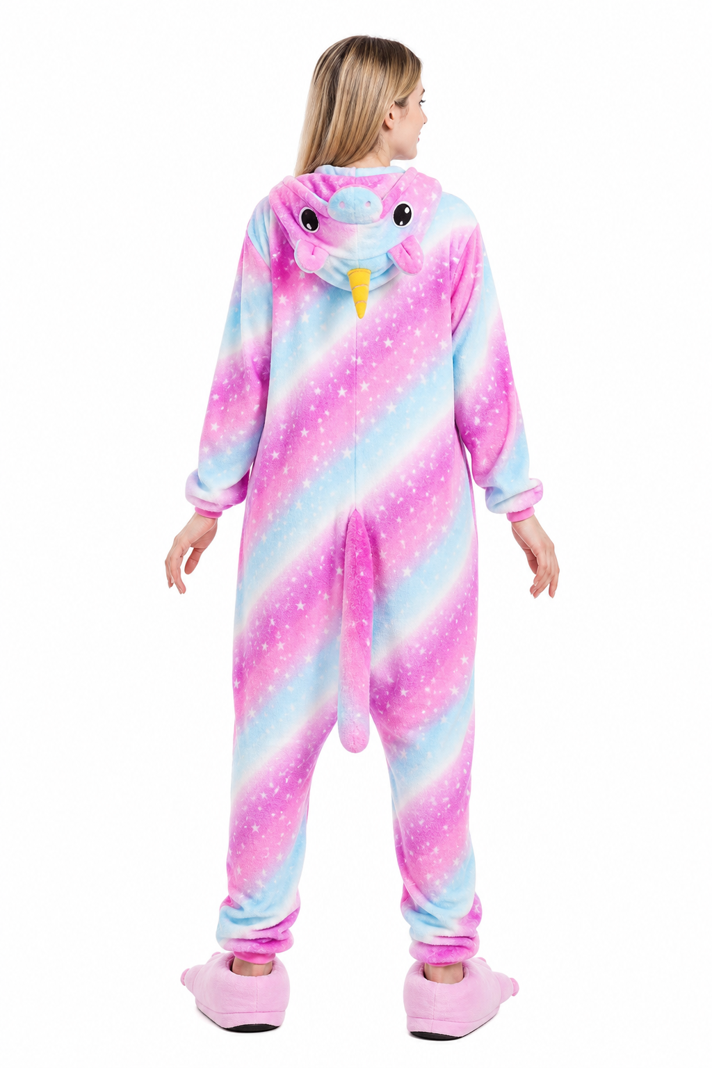 Adult Hooded Pink & Turquoise Starry Stripe Unicorn Kigurumi Onesie - Image 4