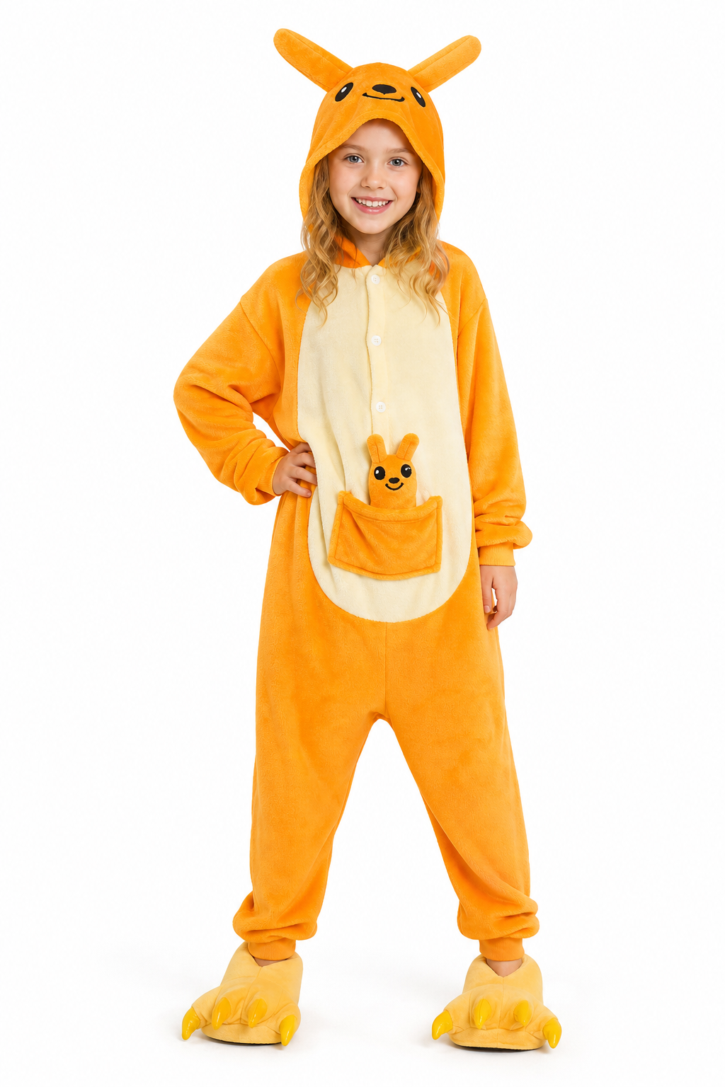 Kids' Hooded Orange Kangaroo & Joey Kigurumi Onesie - Image 2