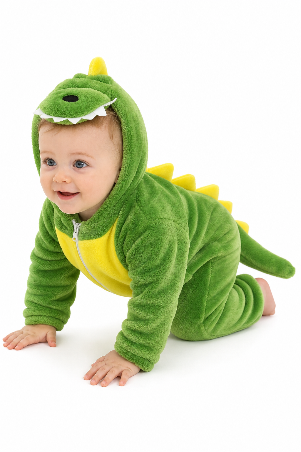 Green Plush Hooded Dinosaur Baby Kigurumi Onesie with Feet - Image 2