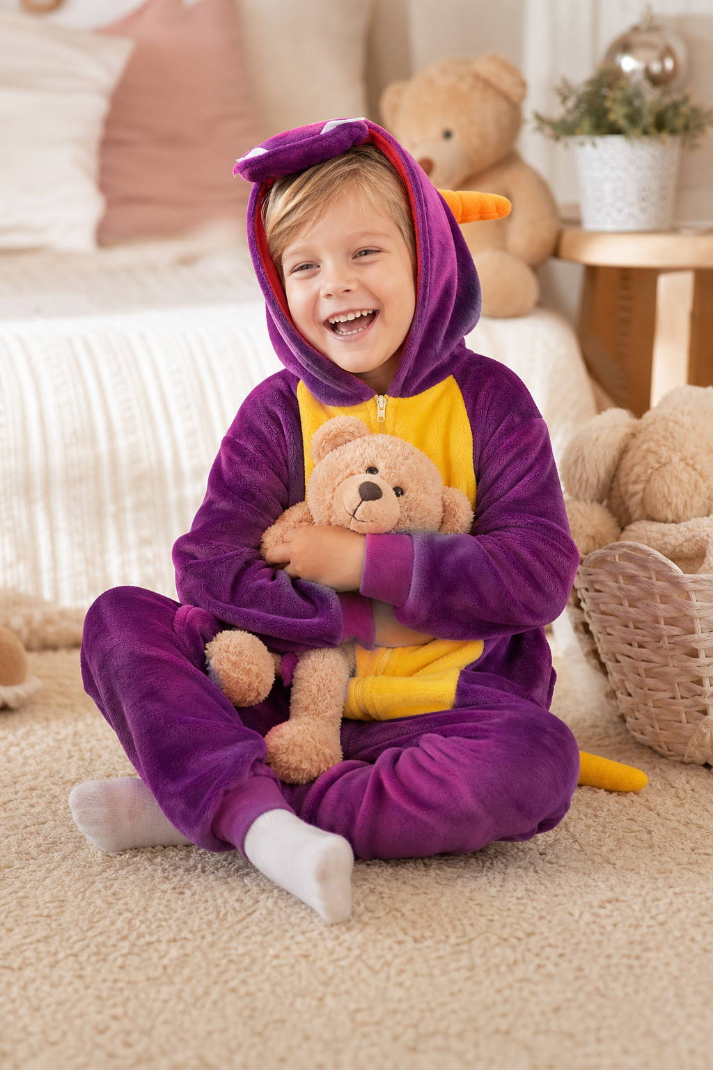Kids' Hooded Purple Dinosaur Kigurumi Costume Onesie - Image 6
