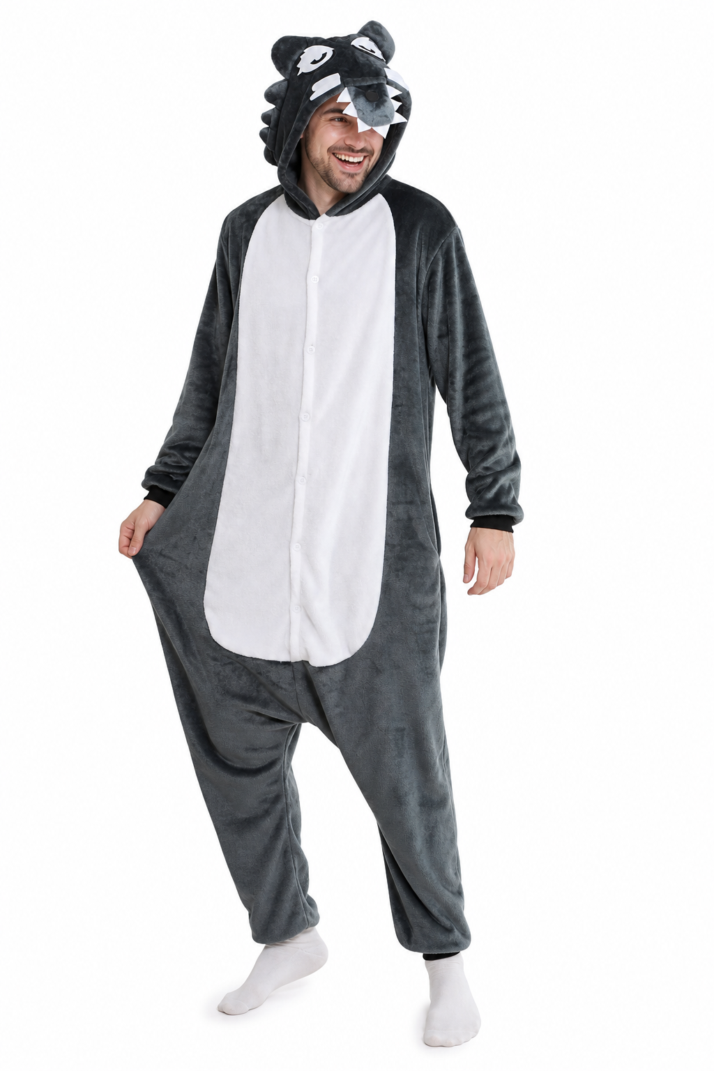 Adult Gray Plush Wolf Onesie - Image 3