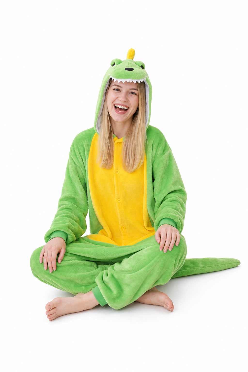 Adult Hooded Bright Green Dinosaur Kigurumi Onesie with Tail - Image 5