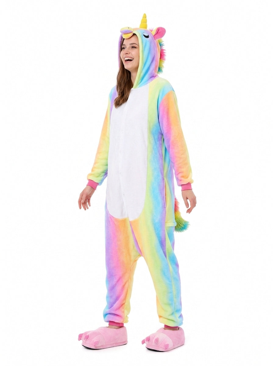 Adult Hooded Pastel Rainbow Ombre Unicorn Kigurumi Onesie with White Belly - Image 2