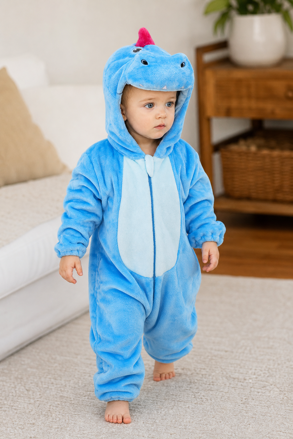 Bright Blue Plush Dinosaur Baby Kigurumi Onesie - Image 6