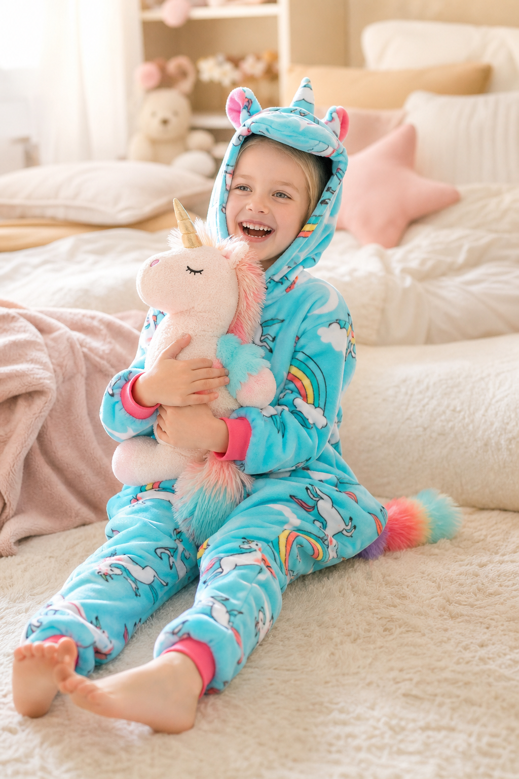 Kids' Hooded Teal Rainbow-Print Unicorn Kigurumi Onesie - Image 6