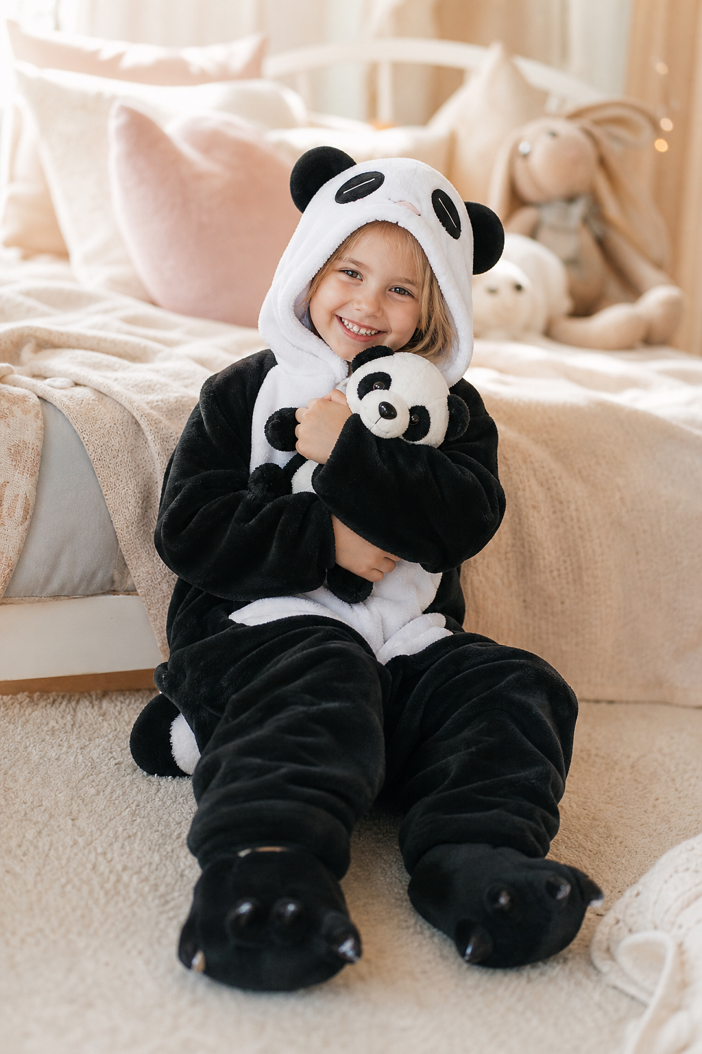 Kids' Hooded Black and White Panda Kigurumi Onesie - Image 6