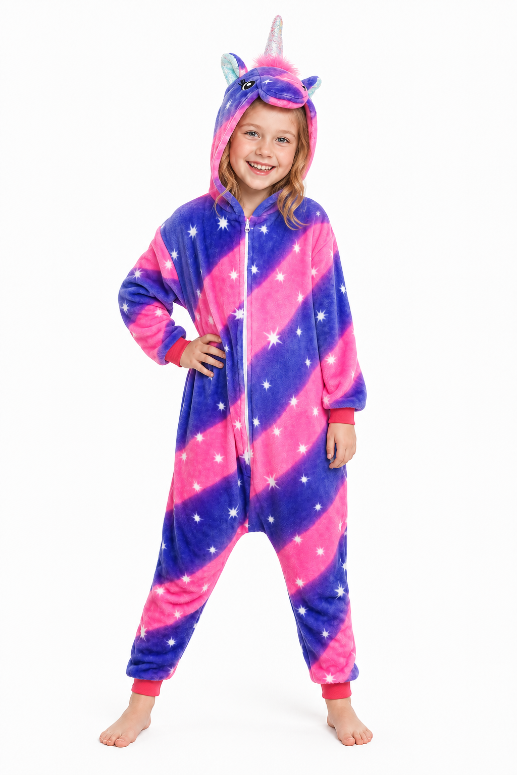 Kids' Hooded Pink and Indigo Star Unicorn Kigurumi Onesie