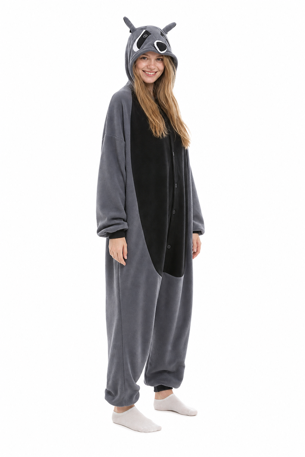 Adult Dark Grey Raccoon Fleece Hooded Onesie - Image 2