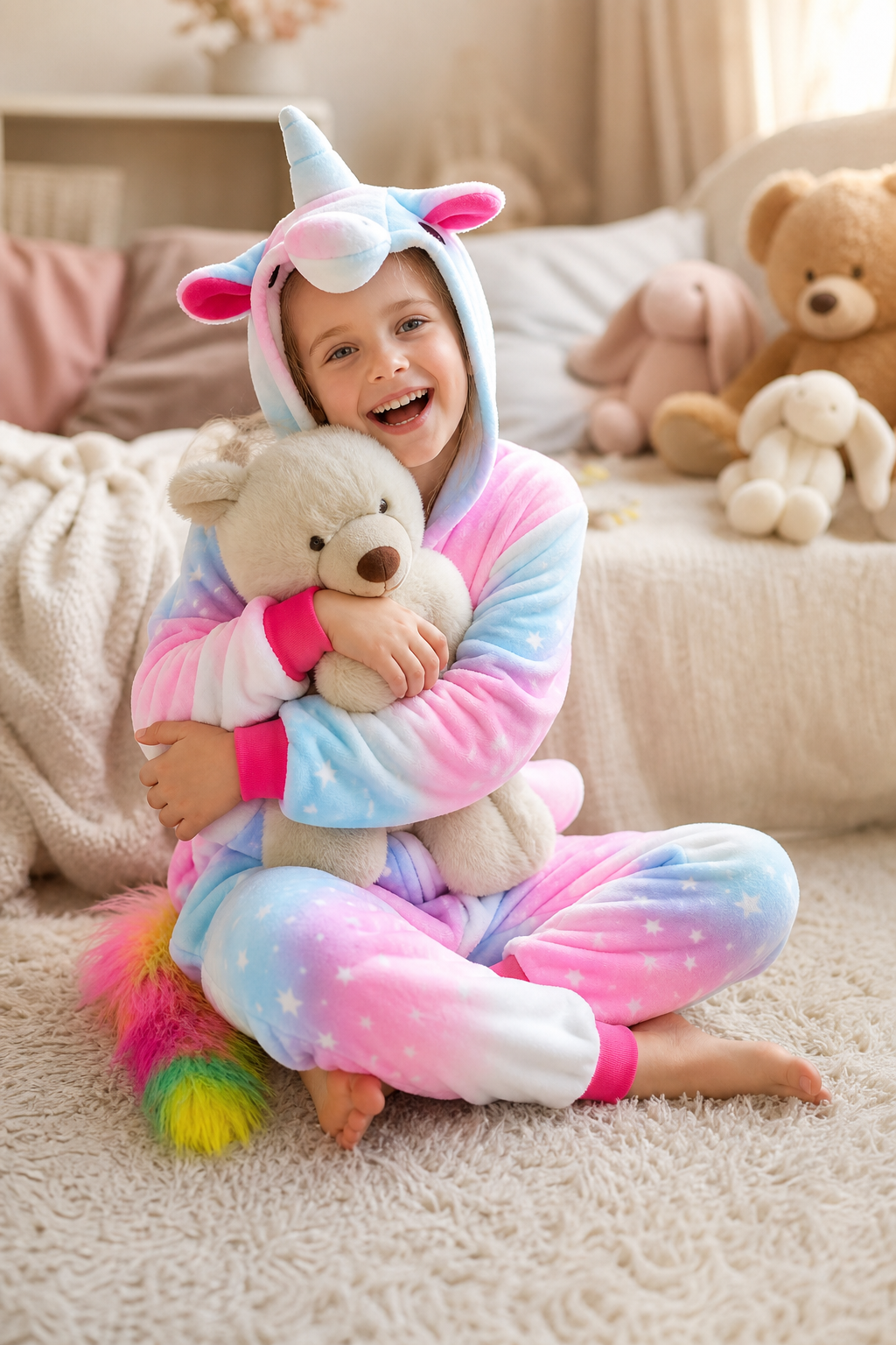 Kids' Hooded Pink and Blue Pastel Star Unicorn Kigurumi Onesie - Image 6