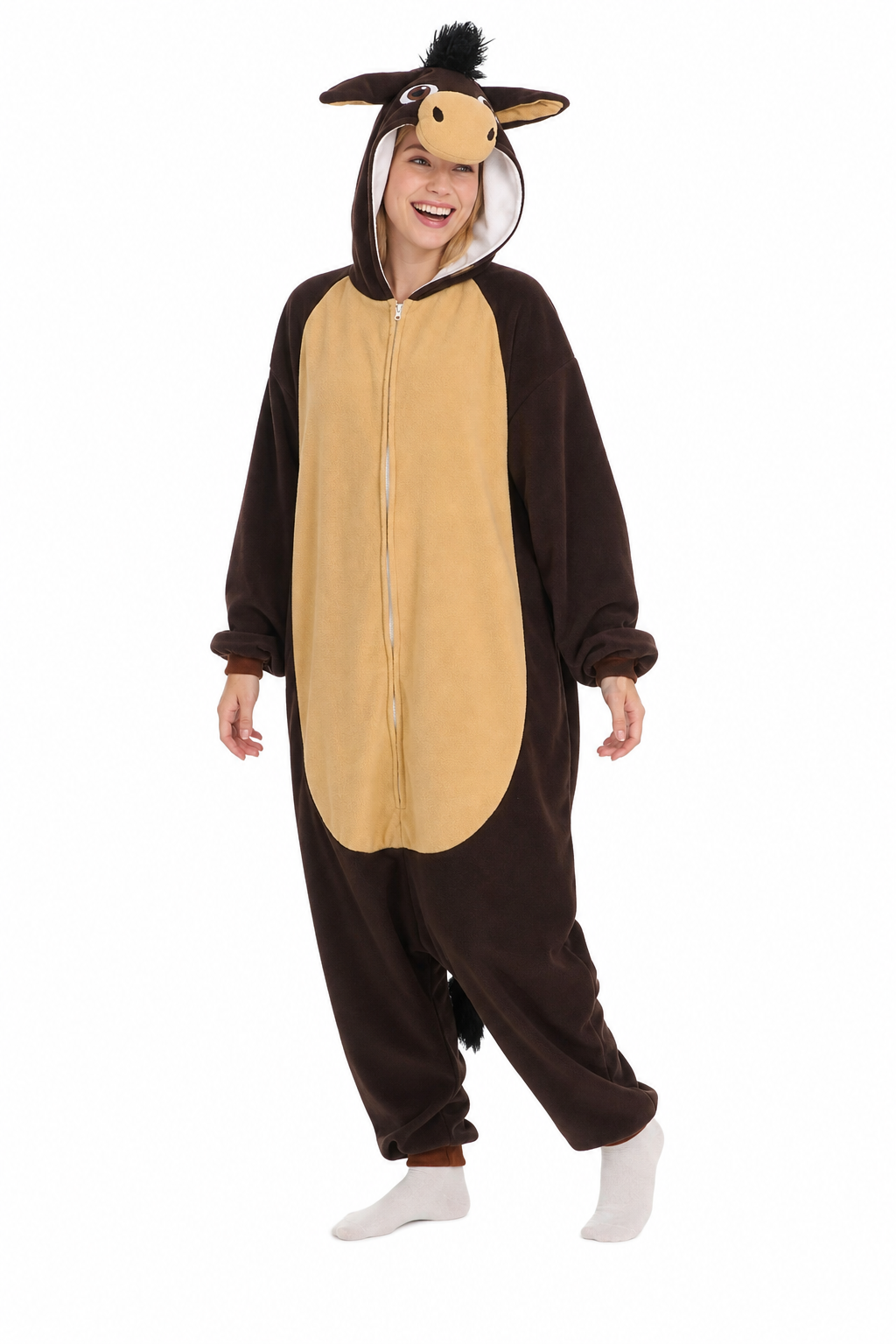 Adult Plush Brown Donkey Onesie Costume - Image 3