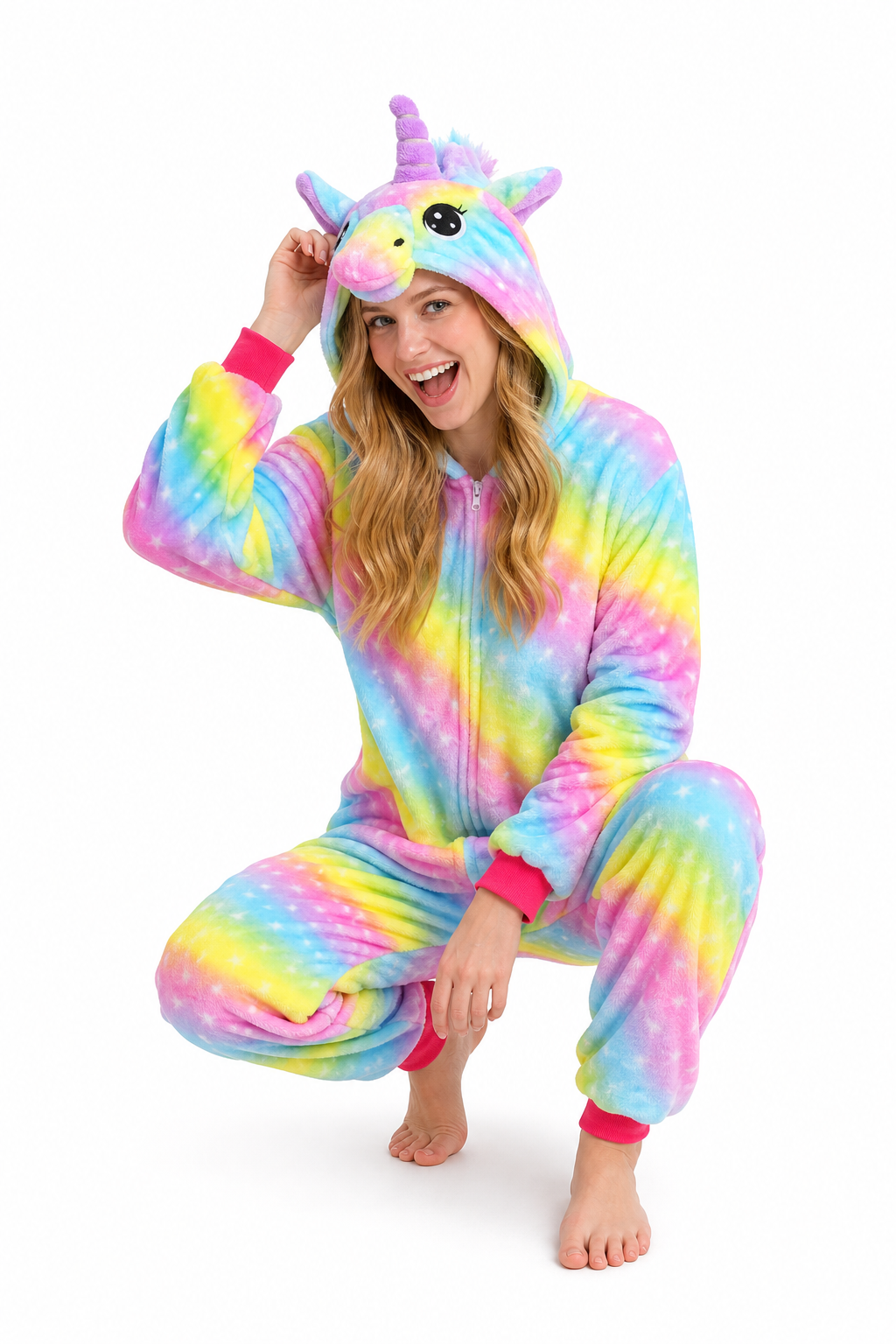 Adult Hooded Multicolor Rainbow Star Unicorn Kigurumi Onesie - Image 5