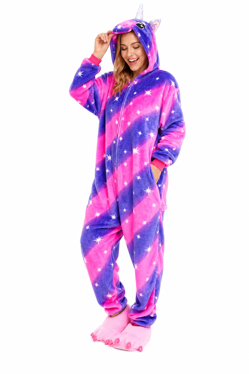 Adult Hooded Neon Pink & Blue Star Stripe Unicorn Kigurumi Onesie - Image 3