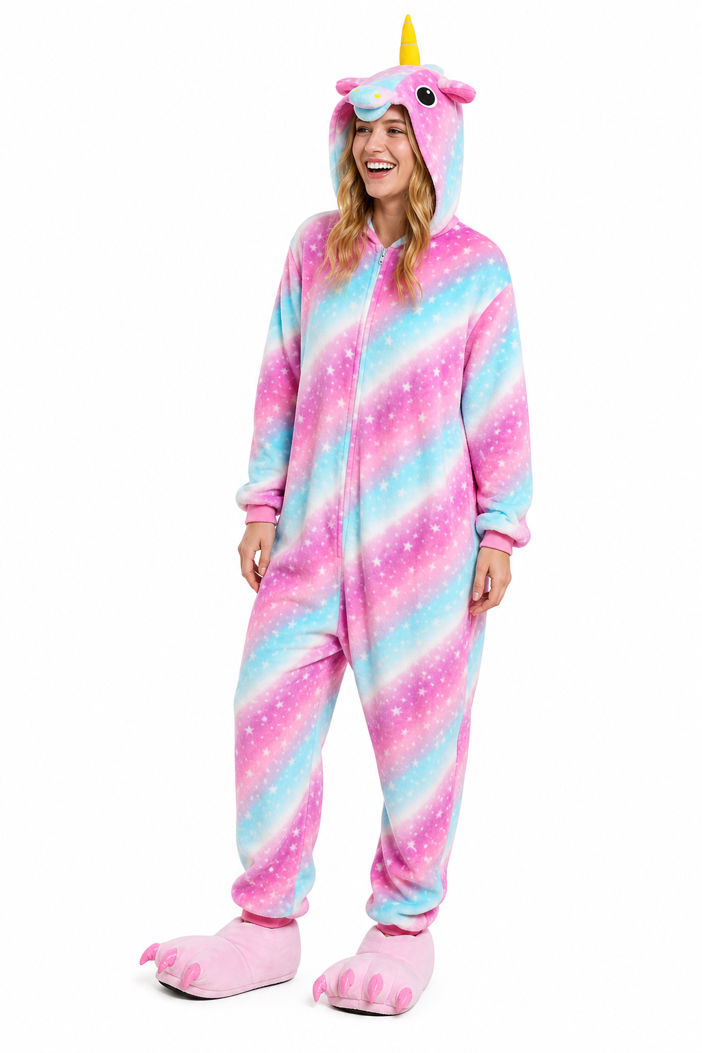 Adult Hooded Pink & Turquoise Starry Stripe Unicorn Kigurumi Onesie - Image 3